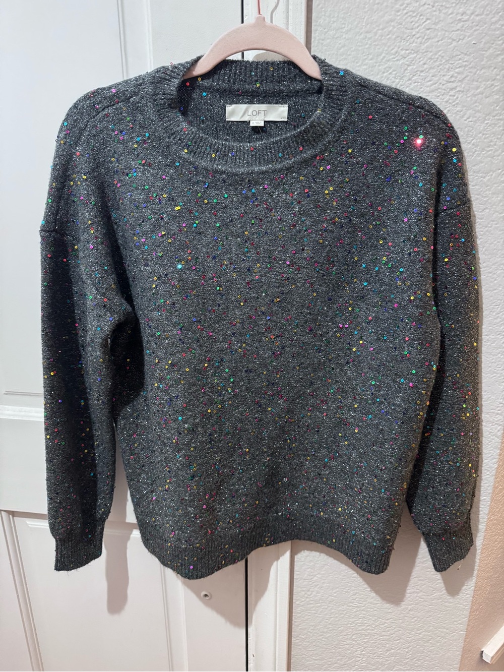 LOFT charcoal gray crewneck NWT sweater with multicolored sequins size medium